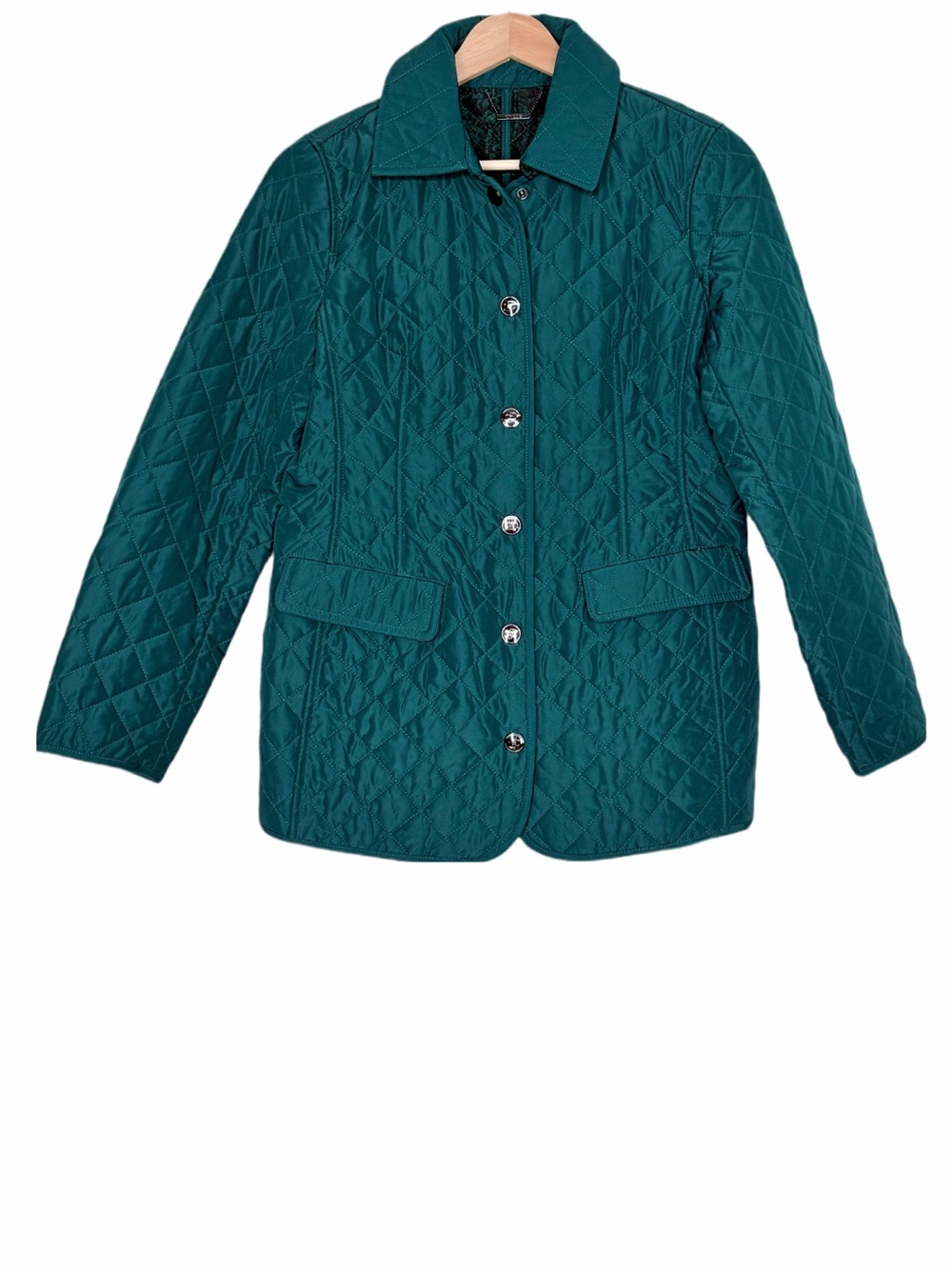 Chico’s Teal Green Diamond Quilted Jacket Size 4 / 6 Chore Barn Coat